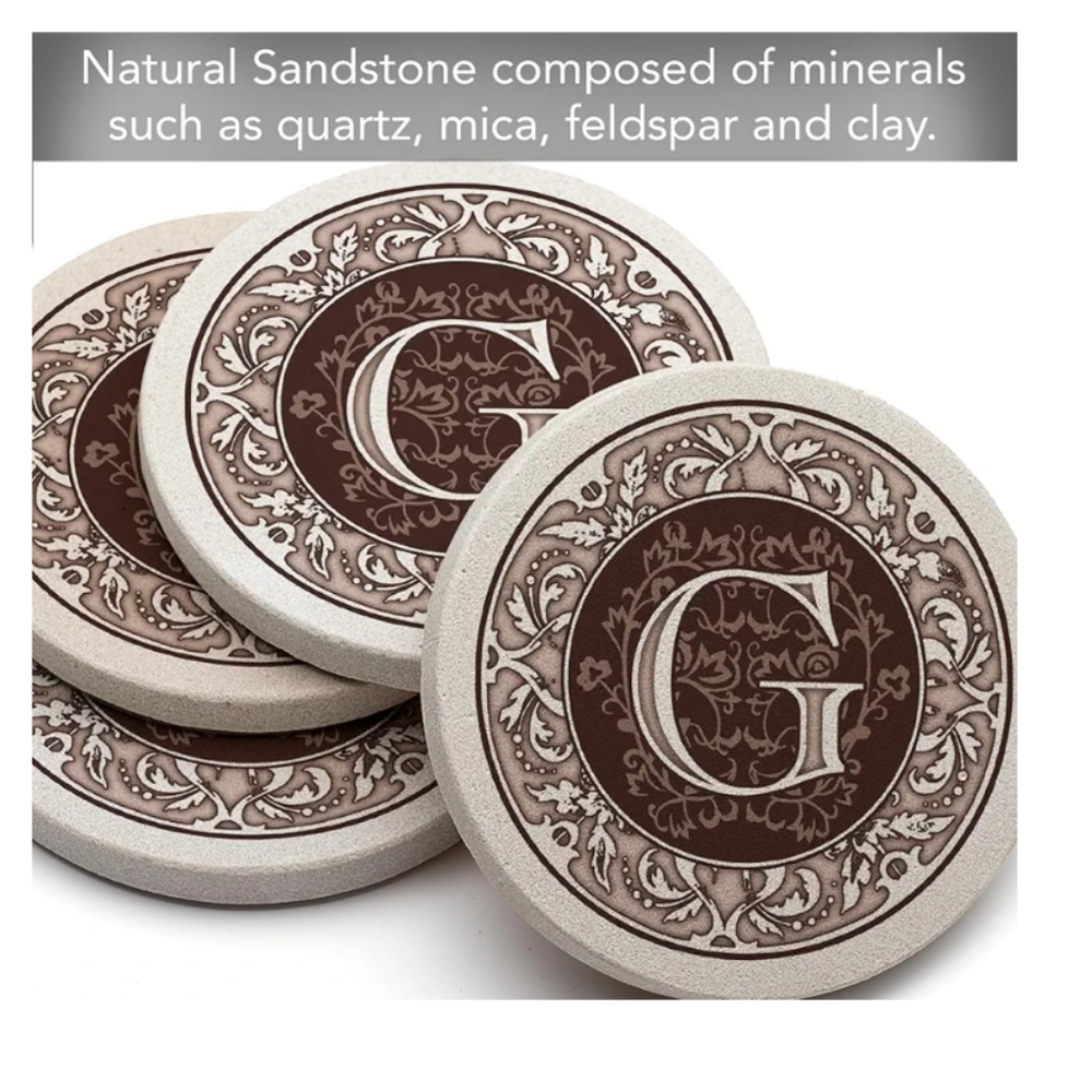 Coasters Thirstystone Monogram Coasters, All Natural Stone, Drink Absorbent - Picture 4 of 11